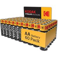 Kodak Xtralife AA-batterijen, 60 stuks, dubbele A-alkalinebatterij, 1,5 V, 10 jaar houdbaarheid, LR6, ideaal voor apparaten met een hoge afvoer, 12x meer vermogen, plastic vrije kartonnen doos