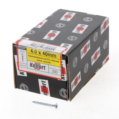 Kelfort Spaanplaatschroef platverzonken kop verzinkt pozidriv voldraad 4.0 x 40mm Kelfort Spaanplaatschroef platverzonken kop verzinkt pozidriv voldraad 4.0 x 40mm