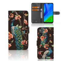 Huawei P Smart 2020 Telefoonhoesje met Pasjes Pauw met Bloemen - thumbnail