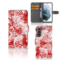 Telefoonhoesje met Naam Samsung Galaxy S21 FE Angel Skull Rood - thumbnail