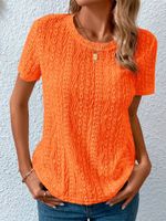 Loose Casual Crew Neck Solid Eyelet Embroidery Round Neck Tee - thumbnail