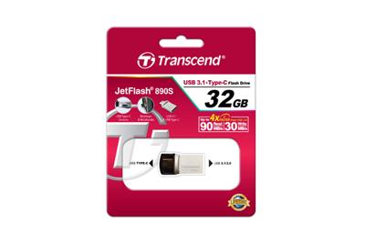 Transcend JetFlash 890 32GB USB flash drive USB Type-A / USB Type-C 3.2 Gen 1 (3.1 Gen 1) Zwart, Zilver