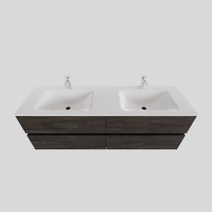 Badkamermeubel Solid Surface BWS Oslo 150x46 cm Dubbel Wood Dark Brown 4 Laden (2 kraangaten)