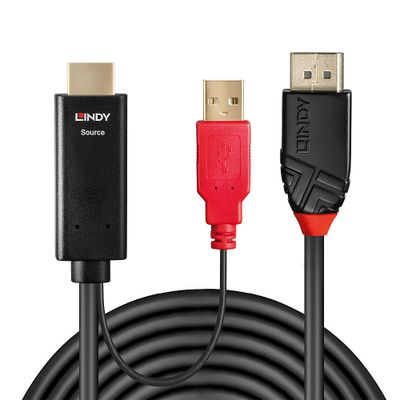 LINDY 41424 HDMI-kabel Aansluitkabel DisplayPort-stekker, HDMI-A-stekker, USB-A stekker 0.50 m Zwart