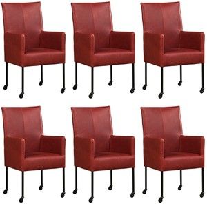 Set van 6 Rode leren moderne eetkamerstoelen Spark - poot rond zwart met wiel - Granada leer Rouge (rood leer)