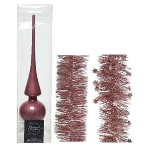 Kerstversiering glazen piek glans 26 cm en folieslingers pakket oud roze van 3x stuks