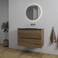 Adema Chaci Badkamermeubelset - 80x46x55cm - 1 keramische wasbak zwart - zonder kraangat - 2 lades - ronde spiegel met verlichting - noten (hout) SW718697/SW773931/SW108328 - thumbnail