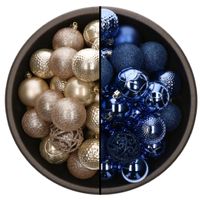 74x stuks kunststof kerstballen mix van champagne en kobalt blauw 6 cm - thumbnail