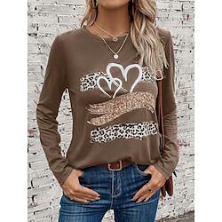 Dames T-shirt Hart Afdrukken Dagelijks Casual Lange mouw Strakke ronde hals Bruin Lente Herfst Lightinthebox