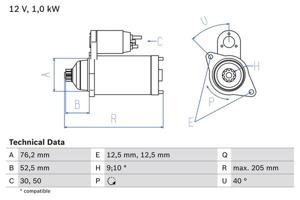 Startmotor / Starter BOSCH, Spanning (Volt)12V, u.a. für Seat, Skoda, VW, Audi