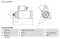 Startmotor / Starter BOSCH, Spanning (Volt)12V, u.a. für Seat, Skoda, VW, Audi - thumbnail