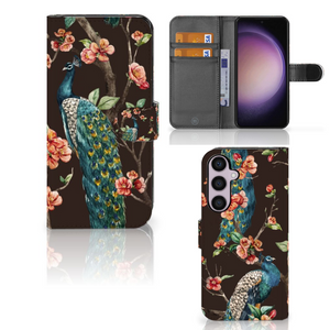 Samsung Galaxy S24 Plus Telefoonhoesje met Pasjes Pauw met Bloemen