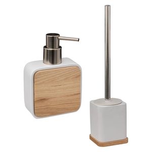 Badkamer/toilet accessoires set - WC-borstel in houder en zeeppompje - wit - bamboe - 200 ml