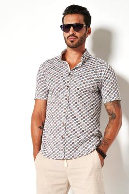 Desoto Heren Overhemd Korte Mouw Wit Gekleurde Cirkel Print Slim Fit