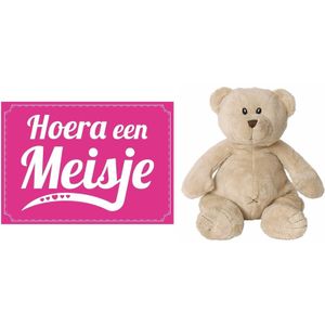 Kraamcadeau beren knuffel 17 cm met Hoera een meisje wenskaart /ansichtkaart