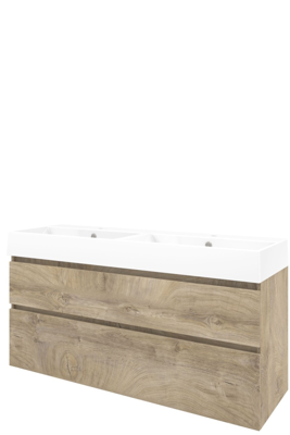 Proline Porselein Loft wastafelonderkast asymmetrisch met 2 laden en glans witte wastafel met 2 kraangaten 140 x 46 x 62 cm, raw oak Proline Porselein Loft wastafelonderkast asymmetrisch met 2 laden en glans witte wastafel met 2 kraangaten 140 x 46 x 62 cm, raw oak