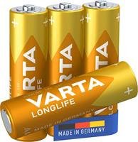 VARTA 4106101414 Longlife AA Mignon LR6 Batterij (verpakking met 4 stuks) Alkaline Batterijen – ideaal voor afstandsbediening radio wekker en klok