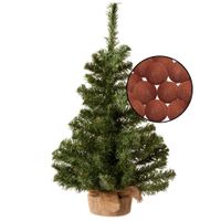 Miniboompje/kerstboom groen - met verlichting snoer bollen bruin - H60 cm - thumbnail