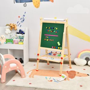 3 in 1 Houten Kinderezel met Whiteboard Krijtbord en Tekenpapier