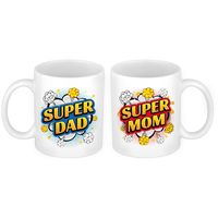 Super Dad en Mom cartoon mok - Cadeau beker set voor Papa en Mama