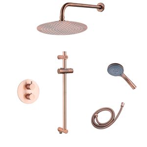 Saniclear Copper inbouwregendouche 30cm rond met wandarm, 3 standen handdouche en glijstang geborsteld koper