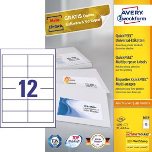 Avery-Zweckform 3659 Universele etiketten 97 x 42.3 mm Papier Wit 1200 stuk(s) Permanent hechtend Inkjet, Laser (zwart/wit), Laser (kleur), Kopiëren