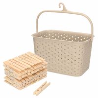 Wasknijpers mandje met ophanghaak - beige - gevuld met 100x houten wasknijpers van 7 cm