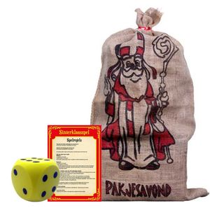 Sinterklaasavond/pakjesavond spel dobbelsteen geel en cadeauzak 60 x 102 cm   -