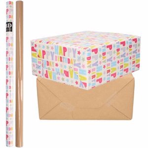 8x Rollen kraft inpakpapier happy birthday pakket - bruin 200 x 70 cm