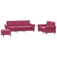 vidaXL 3-delige Loungeset met kussens fluweel wijnrood, fauteuil, bank, zitbank, 2-zitsbank, sofa, fauteuil stoel, 2 zits bank, twee zits bank