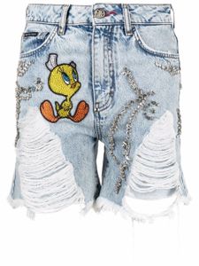 Philipp Plein short en jean Looney Tunes - Bleu