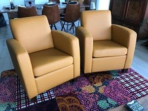 Set van 2 leren fauteuils met houten poten - geel leer - Echt leer, Landelijk, ontdek de vele Leersoorten en Kleuren bij ShopX