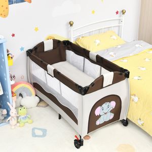 3-In-1 Baby Speelbed Draagbare Opvouwbare Wieg met Luiertafel Comfortabel Matras Baby Wiegje Bed met Speelgoed (Bruin)