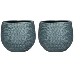 Set van 2x stuks bloempotten midnight blauw ribbels keramiek voor kamerplant H16 x D18 cm