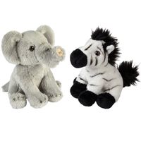 Safari dieren serie pluche knuffels 2x stuks - Olifant en Zebra van 15 cm