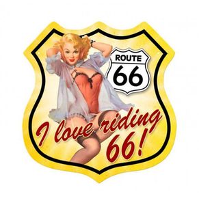 Route 66 I Love Riding 66 Pin-Up Zwaar Metalen Bord 37,5 x 39 cm