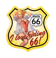 Route 66 I Love Riding 66 Pin-Up Zwaar Metalen Bord 37,5 x 39 cm