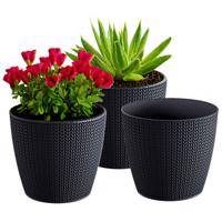 Plantenpot/Bloempot - 3x - antraciet - geribbeld - D16 x H14 cm - kunststof - binnen/buiten