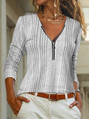 Casual Plain Zipper V Neck Shirt