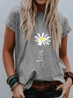 Khaki Short Sleeve Floral-Print Floral Casual T-shirt - thumbnail