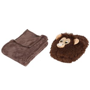 Fleece deken donkerbruin 125 x 150 cm met voetenwarmer slof aapje one size