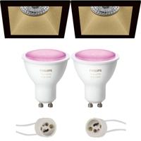 Pragmi Pollon Pro - Inbouw Vierkant - Mat Zwart/goud - Verdiept - 82mm - Philips Hue - Led Spot Set Gu10 - White And