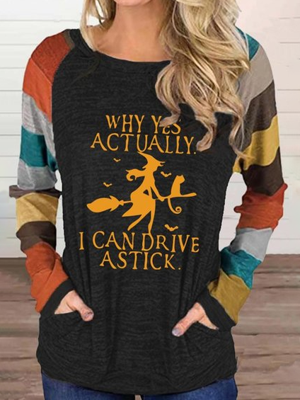 Halloween Yes I Can Drive Stick  Casual Letter Scoop Neckline T-shirt