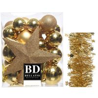 Kerstversiering kerstballen 5-6-8 cm met ster piek en sterren slingers pakket goud van 35x stuks