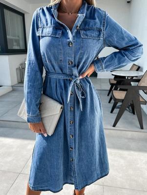 Loose Elegant Plain Shirt Collar Denim Dress With Belt