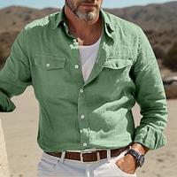 Voor heren Overhemd linnen overhemd Zomer overhemd Strand Kleding Overhemd met knopen Wit blauw Groen Khaki Lange mouw Effen Kleur Omgeslagen kraag Straat Dagelijks Kleding Zak Lightinthebox - thumbnail