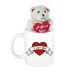 Cadeau beker I love you banner + beertje met hartje - Valentijn cadeautje   -