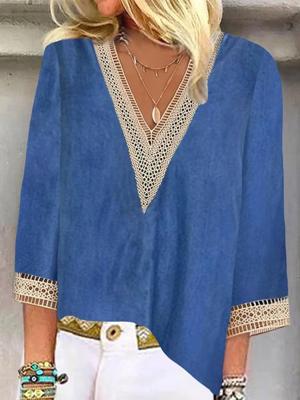 Plain Hollow Out Lace V Neck Casual Shirt Plain Hollow Out Lace V Neck Casual Shirt