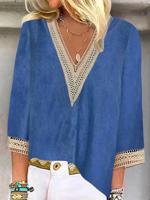 Plain Hollow Out Lace V Neck Casual Shirt