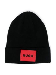 HUGO KIDS bonnet en maille à patch logo - Noir